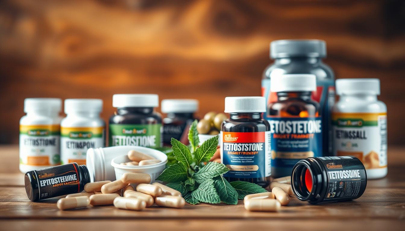 A still life arrangement of various testosterone-boosting supplements, including capsules, tablets, and powder containers, arranged on a wooden surface with natural lighting. The foreground features the supplements in focus, with a middle ground of green leaves or herbs to complement the natural theme. The background blurs into a warm, earthy tone, creating a vibrant and inviting atmosphere. The lighting is soft and diffused, highlighting the textures and colors of the supplements and surrounding elements.