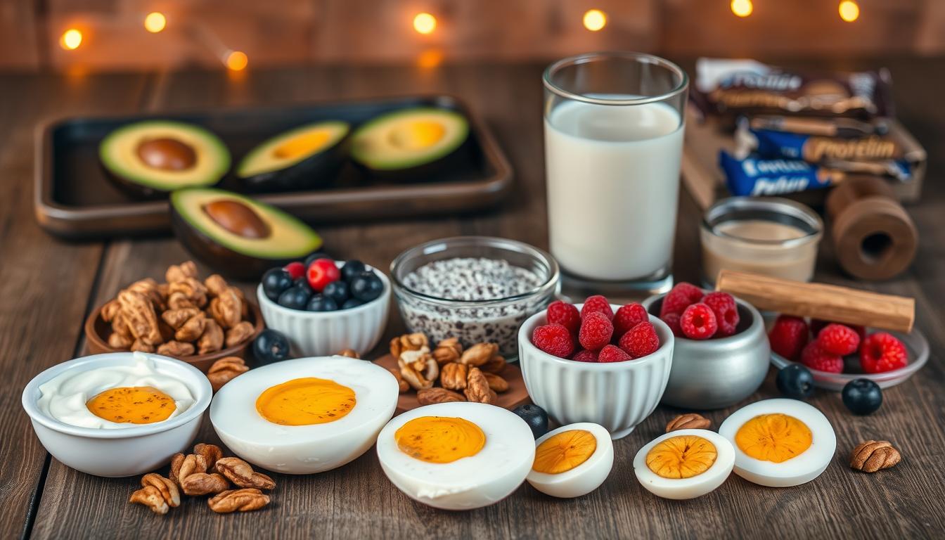 A still life composition of protein-rich bedtime snacks on a wooden table, illuminated by warm, ambient lighting. In the foreground, an array of snacks including Greek yogurt, hard-boiled eggs, roasted nuts, and berries. In the middle ground, a glass of milk and a small bowl of chia pudding. The background features a tray of sliced avocado and a handful of protein bars. The overall mood is vibrant, cozy, and inviting, conveying the idea of a balanced, nutritious nighttime treat.