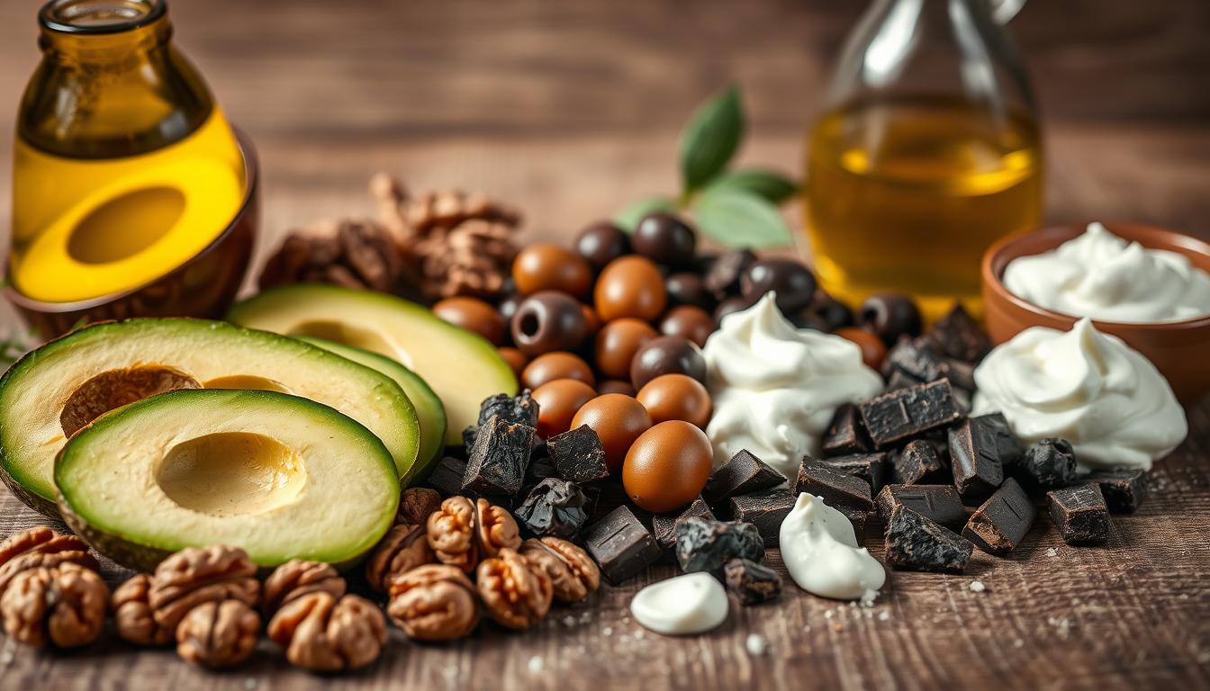 A still life composition showcasing an assortment of healthy fats. In the foreground, a selection of avocado slices, crisp walnuts, and golden-hued olive oil glistening in a clear glass bottle. The midground features a scatter of juicy olives, rich dark chocolate chunks, and creamy dollops of Greek yogurt. The background is a softly lit, textured wooden surface, accentuating the vibrant colors and natural textures of the ingredients. Soft, warm lighting casts a gentle glow, evoking a sense of nourishment and wholesome indulgence. The scene exudes a feeling of balance, highlighting the beauty and versatility of these beneficial fats. A still life composition showcasing an assortment of healthy fats. In the foreground, a selection of avocado slices, crisp walnuts, and golden-hued olive oil glistening in a clear glass bottle. The midground features a scatter of juicy olives, rich dark chocolate chunks, and creamy dollops of Greek yogurt. The background is a softly lit, textured wooden surface, accentuating the vibrant colors and natural textures of the ingredients. Soft, warm lighting casts a gentle glow, evoking a sense of nourishment and wholesome indulgence. The scene exudes a feeling of balance, highlighting the beauty and versatility of these beneficial fats.