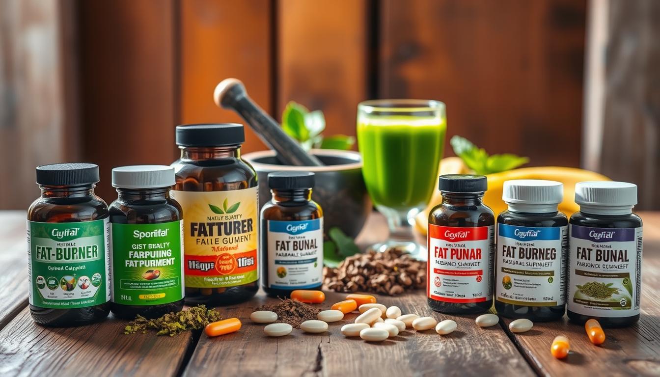A still life scene of high-quality fat-burning supplements arranged on a rustic wooden table. In the foreground, various natural supplement bottles and capsules are positioned with care, their labels prominently displayed. The middle ground features a mortar and pestle, crushed herbs, and a glass of refreshing green juice. The background is bathed in warm, vibrant lighting, creating a sense of health and vitality. The overall composition conveys a message of effective, natural weight management solutions.