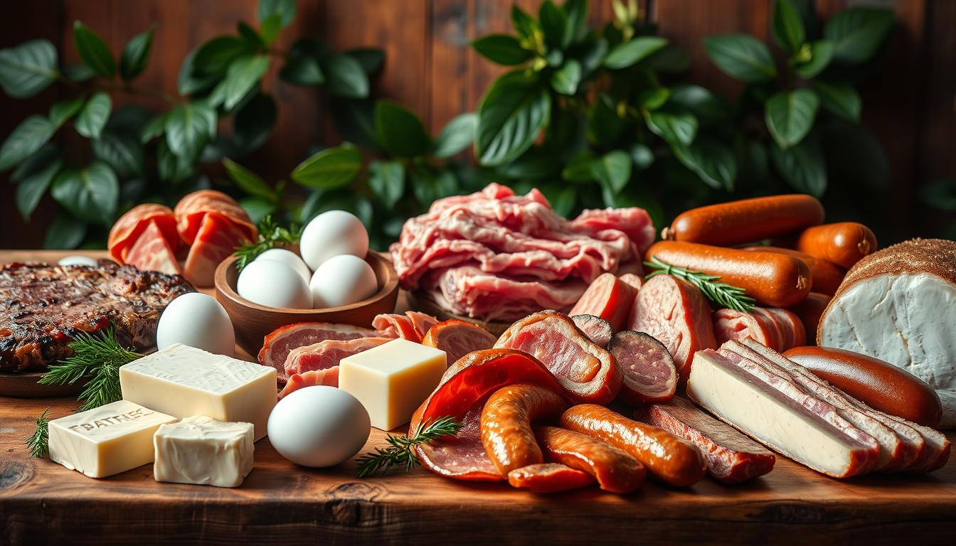 A striking still life arrangement of carnivore diet essentials on a rustic wooden table, bathed in warm, vibrant lighting. In the foreground, an array of juicy steaks, thick-cut bacon, and savory sausages. In the middle ground, a selection of free-range eggs, creamy butter, and artisanal cheese wheels. The background features a backdrop of lush green leaves, hinting at the natural, wholesome origins of these nourishing ingredients. The overall composition conveys a sense of abundance, quality, and the essential simplicity of the carnivore lifestyle.