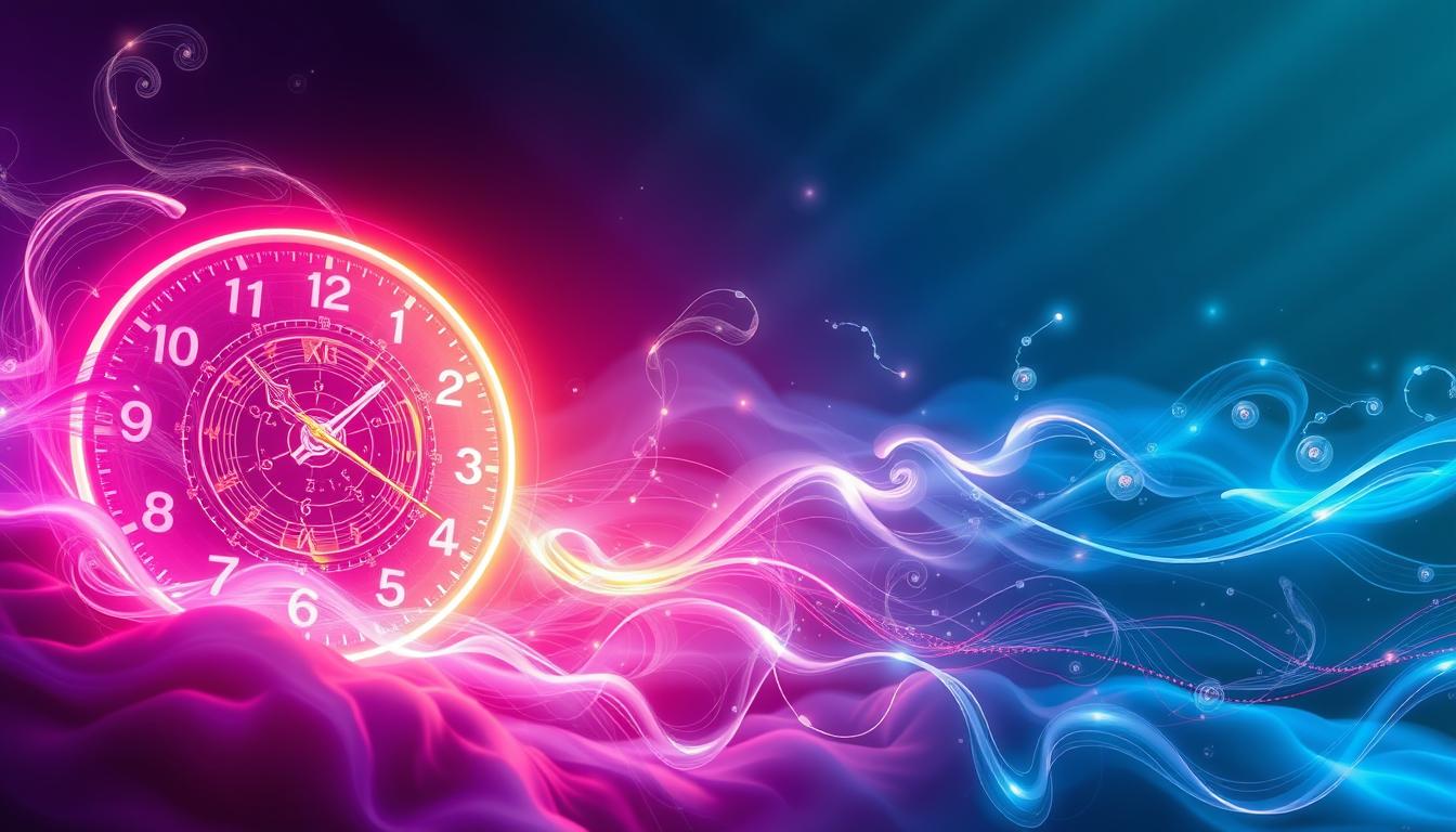 A stunning visual representation of the complex and dynamic circadian rhythms that govern our daily biological cycles. In the foreground, a vibrant, neon-like clock face pulsates with a mesmerizing glow, its hands tracing the ebb and flow of time. Surrounding it, a dreamlike landscape of swirling, ethereal shapes and patterns, each representing the intricate interplay of hormones, light, and neural signals that synchronize our internal clocks. The background is a rich, saturated palette of deep blues and purples, conveying the mystique and importance of these invisible rhythms. Subtle rays of light pierce through, illuminating the scene with a sense of wonder and discovery. The overall composition evokes a captivating blend of science and art, inviting the viewer to delve deeper into the fascinating world of circadian rhythms.