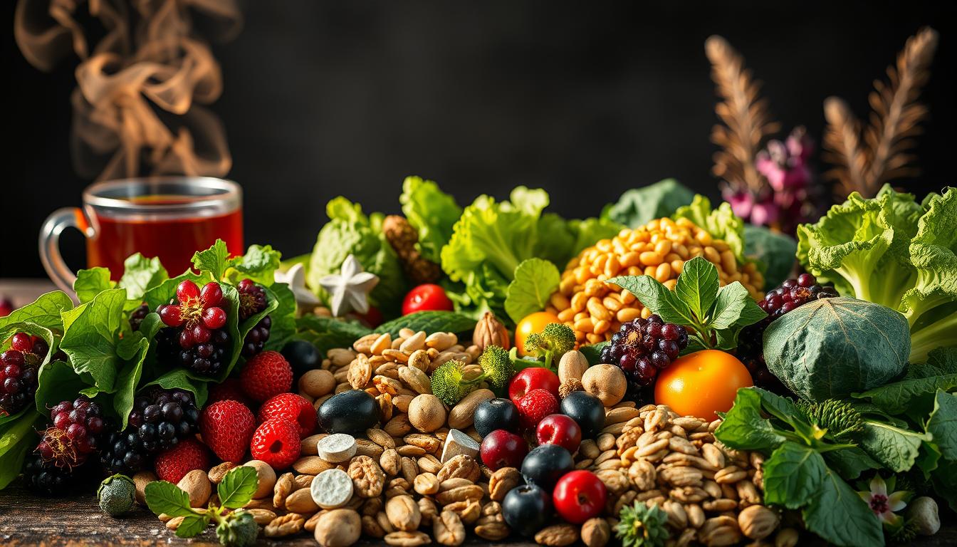 A sumptuous assortment of nutrient-dense foods for a heavy metal detox, artfully arranged against a dark, moody backdrop. In the foreground, a vibrant display of leafy greens, cruciferous veggies, and vivid berries, bursting with phytonutrients. The middle ground features a variety of nuts, seeds, and whole grains, rich in essential minerals. In the background, a steaming mug of herbal tea, emitting a fragrant steam, complementing the scene. Warm, golden lighting casts a soft glow, creating an inviting and nourishing atmosphere. The overall composition conveys the power of nature's bounty to support the body's natural detoxification processes.