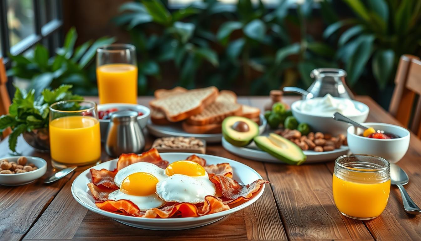 A sumptuous high-protein breakfast spread on a rustic wooden table, bathed in warm, vibrant lighting. In the foreground, a plate overflows with perfectly poached eggs, crispy bacon, and a side of avocado slices. Surrounding it, an assortment of healthy ingredients: a glass of fresh orange juice, a bowl of Greek yogurt topped with berries, and a handful of nuts. The middle ground features a selection of whole-grain toast and a small pitcher of honey. In the background, lush greenery and a cozy, inviting atmosphere evoke a sense of nourishment and vitality, perfectly capturing the essence of a weight-loss-friendly morning meal. A sumptuous high-protein breakfast spread on a rustic wooden table, bathed in warm, vibrant lighting. In the foreground, a plate overflows with perfectly poached eggs, crispy bacon, and a side of avocado slices. Surrounding it, an assortment of healthy ingredients: a glass of fresh orange juice, a bowl of Greek yogurt topped with berries, and a handful of nuts. The middle ground features a selection of whole-grain toast and a small pitcher of honey. In the background, lush greenery and a cozy, inviting atmosphere evoke a sense of nourishment and vitality, perfectly capturing the essence of a weight-loss-friendly morning meal.