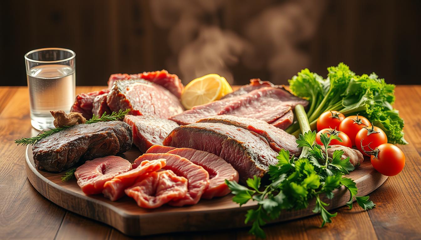 A sumptuous still life of a carnivore meal plan, featuring a variety of succulent meat cuts, fresh vegetables, and a glass of water on a wooden table. Warm, soft lighting casts a golden glow, highlighting the vibrant colors and textures of the ingredients. The arrangement is visually appealing, with a balanced composition that showcases the key components of a well-crafted carnivore diet. The mood is one of nourishment and wholesome simplicity, inviting the viewer to imagine the satisfying flavors and health benefits of this nutritious meal plan.