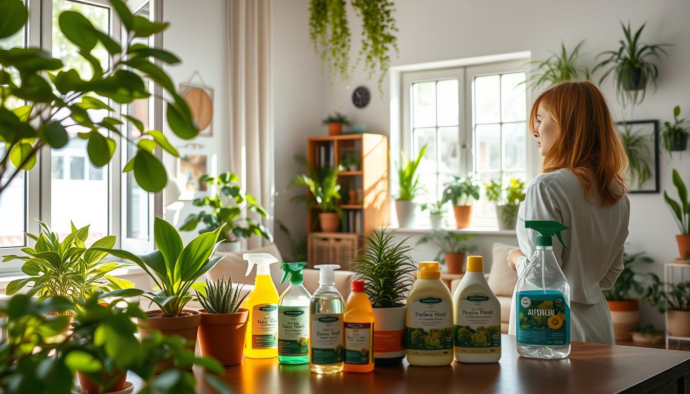 A sun-dappled living room, filled with lush greenery and natural light. In the foreground, a woman opens a window, letting in fresh air. Vibrant, potted plants dot the space, symbolizing the rejuvenating power of nature. On the table, an array of eco-friendly cleaning products stand ready, their labels promising a toxin-free home. The middle ground features a cozy sofa and bookshelf, conveying a sense of comfort and wellness. In the background, a wall-mounted display showcases air-purifying plants, their verdant leaves gently swaying. The overall scene exudes a vibrant, calming atmosphere, inspiring the viewer to cultivate a healthier, more sustainable living environment.