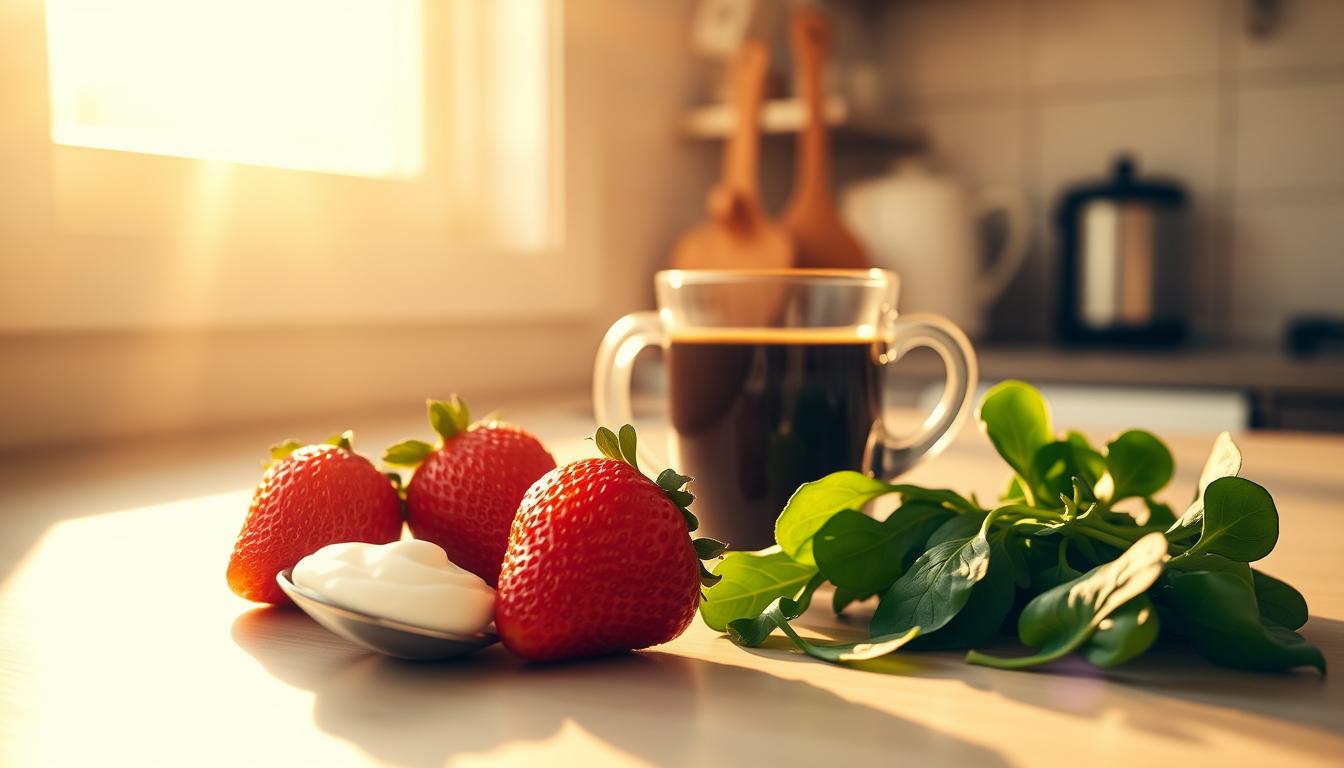 A sun-drenched kitchen counter, bathed in warm, golden light. On the surface, a mug of steaming black coffee sits alongside a pair of glistening, ripe strawberries, a spoonful of rich, creamy yogurt, and a scattering of vibrant, emerald-green spinach leaves. The scene exudes a sense of vitality and purpose, hinting at the strategic, energizing ritual about to unfold. The lighting is soft and diffused, creating a vibrant, yet calming atmosphere. The camera angle is slightly elevated, capturing the scene from an authoritative, almost bird's-eye perspective, emphasizing the thoughtful curation of these morning nourishment elements. Every detail, from the glossy, jewel-toned berries to the delicate play of light and shadow, conveys a sense of intentionality and the promise of a day filled with fat-melting momentum.
