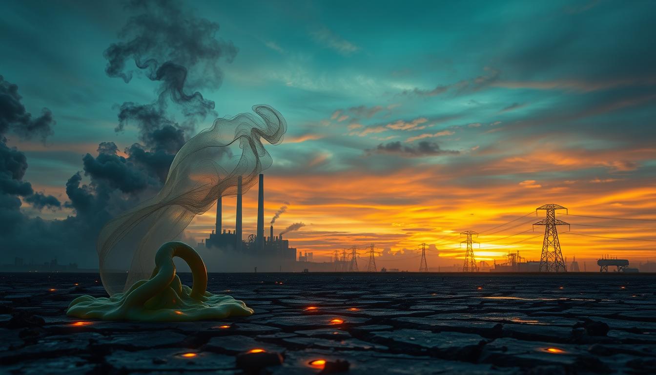 A surreal and unsettling scene of environmental toxins, their tendrils reaching out from a polluted landscape. In the foreground, glowing, toxic sludge oozes from cracked earth, casting an eerie, sickly glow. Wispy, ethereal clouds of noxious fumes billow upwards, obscuring the middle ground. In the background, a dystopian skyline of industrial smokestacks and power lines stands against a vibrant, but ominous, sunset. The scene exudes a sense of foreboding, highlighting the insidious, unseen impact of environmental toxins on the fragile balance of nature.