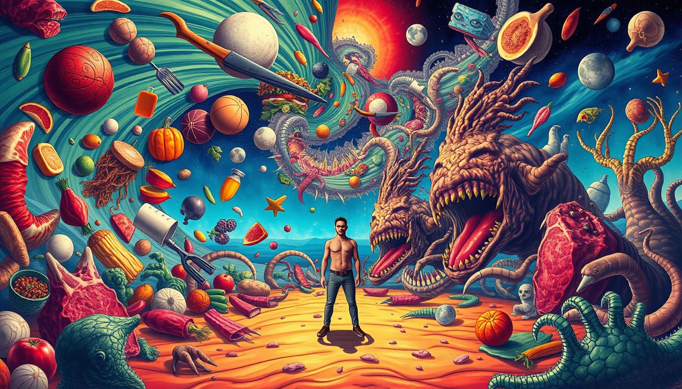 A surreal, vibrant illustration depicting common misconceptions about the carnivore diet. In the foreground, a figure representing a person on a carnivore diet stands amidst a swirling, colorful vortex of distorted food items and dietary symbols, symbolizing the myths and misinformation surrounding this way of eating. The middle ground features a collage of disjointed, exaggerated medical and scientific imagery, challenging the perceived health risks of the carnivore diet. In the background, a dreamlike landscape of natural, carnivorous elements – sharp fangs, claws, and primal forms – suggests the inherent, evolutionary basis for this nutritional approach. Rendered in a bold, surrealistic style with a vibrant, almost neon-like palette, evoking a sense of intrigue and the subversion of conventional dietary wisdom.