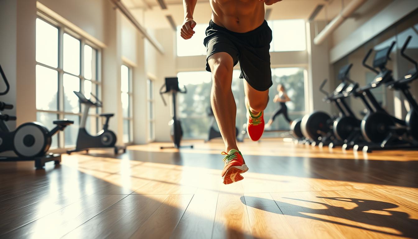 A sweat-soaked athlete dashes through a sunlit gym, their muscular form casting dynamic shadows on the polished wooden floor. In the foreground, a pair of running shoes grips the surface, their vibrant color complementing the vibrant atmosphere. Surrounding the athlete, state-of-the-art exercise equipment stands ready, hinting at the intensity of the interval training session. The midground features a sleek, minimalist design, with clean lines and a neutral color palette that creates a sense of focus and determination. In the background, floor-to-ceiling windows flood the space with natural light, lending a sense of openness and energy to the scene. The overall mood is one of vibrant, high-intensity movement and healthy self-improvement. A sweat-soaked athlete dashes through a sunlit gym, their muscular form casting dynamic shadows on the polished wooden floor. In the foreground, a pair of running shoes grips the surface, their vibrant color complementing the vibrant atmosphere. Surrounding the athlete, state-of-the-art exercise equipment stands ready, hinting at the intensity of the interval training session. The midground features a sleek, minimalist design, with clean lines and a neutral color palette that creates a sense of focus and determination. In the background, floor-to-ceiling windows flood the space with natural light, lending a sense of openness and energy to the scene. The overall mood is one of vibrant, high-intensity movement and healthy self-improvement.