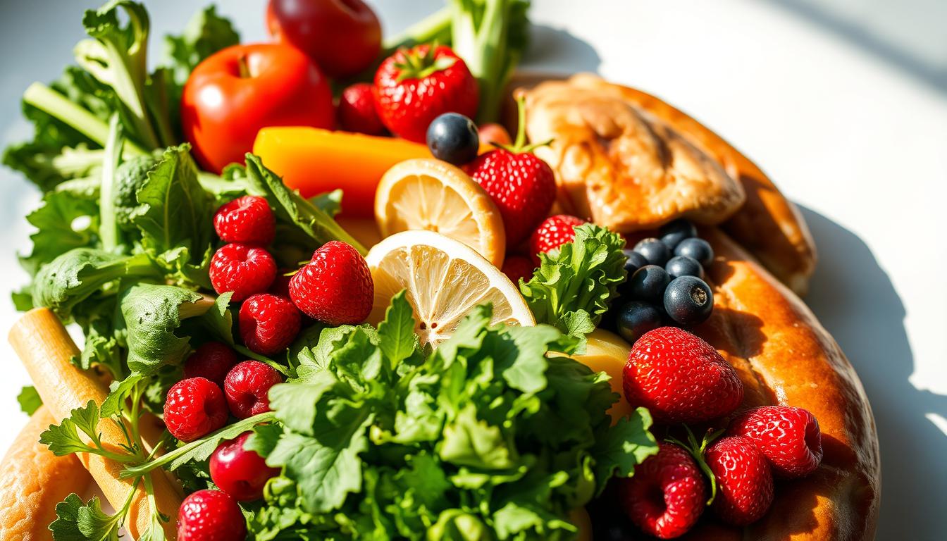 A thought-provoking illustration debunking common weight loss myths in a vibrant, visually compelling manner. A tightly cropped close-up shot showcases an assortment of fresh, nutritious foods - leafy greens, colorful berries, lean proteins - arranged in a dynamic, asymmetrical composition. The crisp, natural lighting casts dramatic shadows that accentuate the textures and vibrant hues of the ingredients. In the background, hazy, semi-transparent depictions of weight loss fads, crash diets, and other misguided approaches fade into obscurity, underscoring the power of science-backed, sustainable methods.