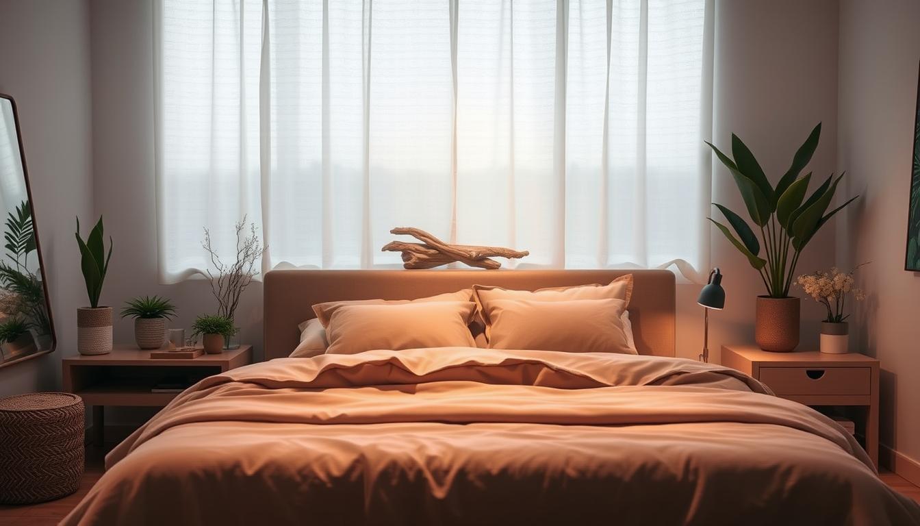 A tranquil bedroom bathed in soft, warm lighting, with a plush, inviting bed as the focal point. Soft, cozy bedding in muted earth tones invites a peaceful slumber. Strategically placed plants and natural elements such as driftwood or stone add vibrant pops of color, creating a serene, nature-inspired ambiance. Minimal, sleek furniture and decor elements enhance the calming, uncluttered atmosphere. The overall scene conveys a sense of tranquility and relaxation, perfectly suited for a good night's sleep.
