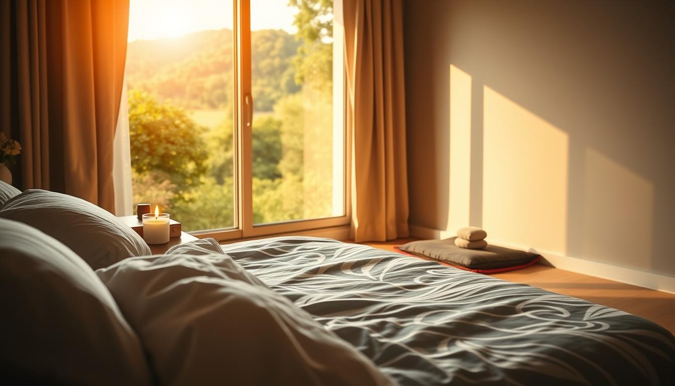 A tranquil bedroom scene bathed in warm, natural lighting. In the foreground, a cozy bed draped in soft, plush bedding invites the viewer to rest. On the nightstand, a soothing scented candle flickers, its gentle glow radiating a sense of calm. In the middle ground, a serene meditation cushion sits atop a vibrant, patterned rug, a symbol of the importance of mindfulness and relaxation. The background features a large window overlooking a lush, verdant landscape, the view outside offering a serene escape from the stresses of daily life. The overall mood is one of rejuvenation and balance, capturing the essence of sleep and stress management.