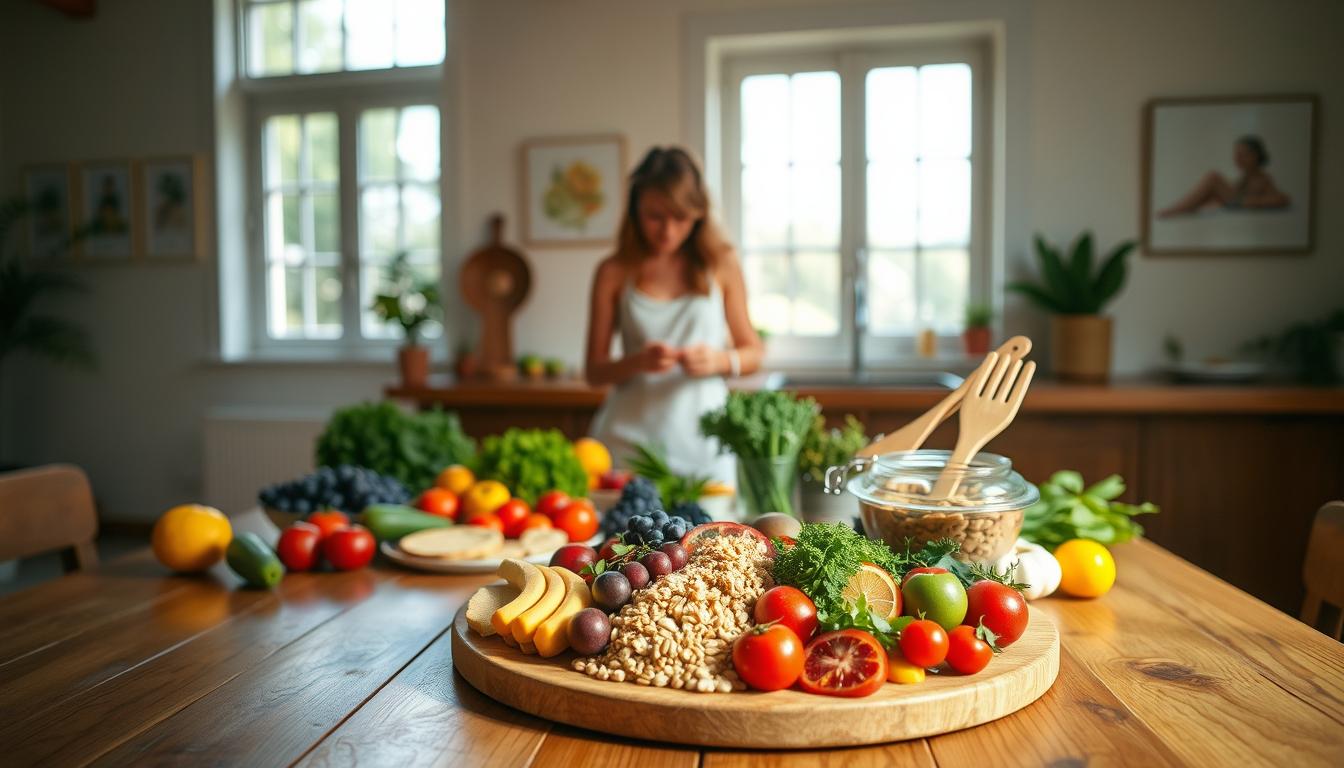 A tranquil kitchen setting, with natural sunlight streaming through wide windows, illuminating a wooden table adorned with a variety of vibrant, wholesome ingredients. In the foreground, a platter showcases an array of fresh fruits, vegetables, and whole grains, while in the middle ground, a pair of hands gently prepare a nourishing meal, embodying the mindful approach to eating. The background features subtle, calming artwork on the walls, creating an atmosphere of balance and well-being. The scene evokes a sense of simplicity, mindfulness, and the joy of healthy, natural sustenance.