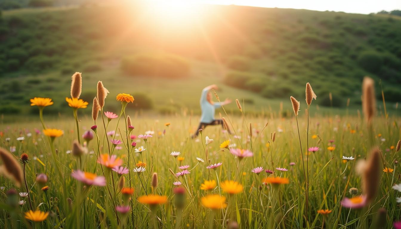A tranquil meadow bathed in soft, golden light, featuring a person gracefully performing gentle yoga poses, their movements fluid and serene. In the foreground, a variety of vibrant wildflowers sway gently in the breeze, creating a sense of peaceful harmony. The middle ground showcases a person calmly stretching, their face radiating a sense of calm and rejuvenation. In the background, a rolling hillside with lush, verdant foliage provides a picturesque backdrop, inviting the viewer to feel the restorative benefits of low-impact exercises. A tranquil meadow bathed in soft, golden light, featuring a person gracefully performing gentle yoga poses, their movements fluid and serene. In the foreground, a variety of vibrant wildflowers sway gently in the breeze, creating a sense of peaceful harmony. The middle ground showcases a person calmly stretching, their face radiating a sense of calm and rejuvenation. In the background, a rolling hillside with lush, verdant foliage provides a picturesque backdrop, inviting the viewer to feel the restorative benefits of low-impact exercises.
