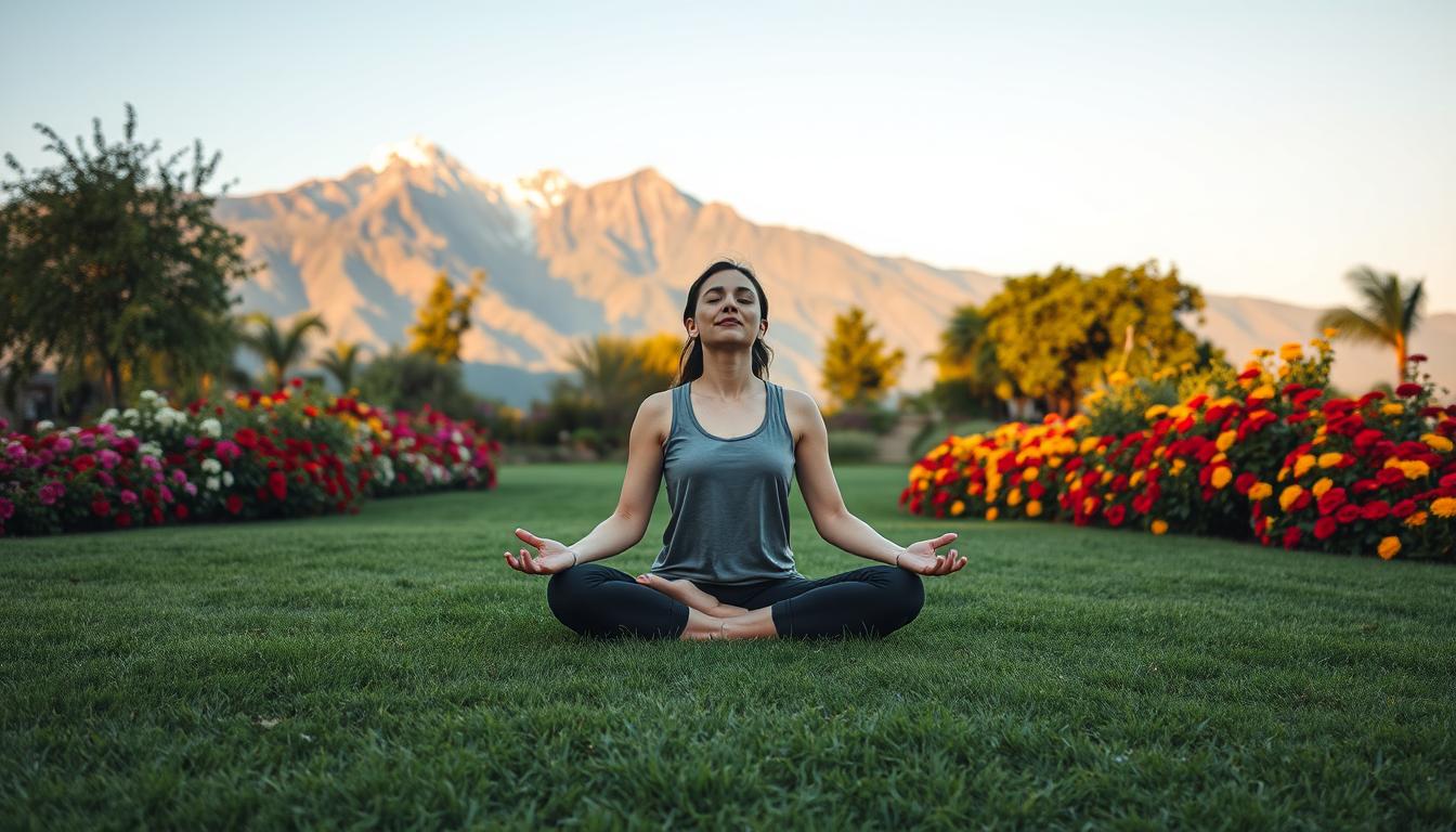 A tranquil scene of a person practicing stress management techniques in a serene outdoor setting. In the foreground, a person sits cross-legged on a lush green lawn, their eyes closed in meditation, radiating a sense of inner calm. The middle ground features a vibrant garden with blooming flowers in warm, vivid hues, creating a soothing and rejuvenating atmosphere. In the background, a majestic mountain range rises, its peaks bathed in soft, golden light, symbolizing the energizing power of nature. The scene is captured with a wide-angle lens, emphasizing the harmony between the person, the garden, and the breathtaking landscape, conveying the restorative effects of stress management on one's energy levels.