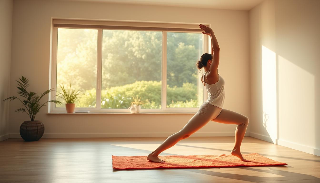 A tranquil scene of a woman performing gentle, low-impact exercises in a sunlit, minimalist home setting. In the foreground, she performs a series of flowing yoga poses on a plush, vibrant-colored mat. The middle ground showcases a large window overlooking a lush, verdant outdoor landscape, casting a warm, diffused glow throughout the space. The background features clean, uncluttered walls in soft, earthy tones, creating a serene, calming atmosphere. Soft, natural lighting illuminates the scene, highlighting the woman's graceful movements and the overall sense of tranquility and balance. A tranquil scene of a woman performing gentle, low-impact exercises in a sunlit, minimalist home setting. In the foreground, she performs a series of flowing yoga poses on a plush, vibrant-colored mat. The middle ground showcases a large window overlooking a lush, verdant outdoor landscape, casting a warm, diffused glow throughout the space. The background features clean, uncluttered walls in soft, earthy tones, creating a serene, calming atmosphere. Soft, natural lighting illuminates the scene, highlighting the woman's graceful movements and the overall sense of tranquility and balance.