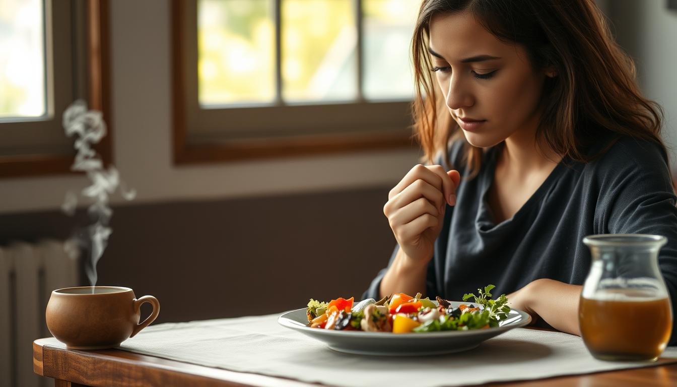 A tranquil scene of a woman sitting at a wooden table, focusing intently on the plate in front of her. The table is adorned with a simple cloth, and a cup of herbal tea steams gently nearby. Soft, natural lighting filters in through a nearby window, casting a warm, vibrant glow over the scene. The woman's expression is one of mindfulness and presence, as she takes her time to savor each bite of her nutritious, colorful meal. The background is blurred, allowing the viewer to concentrate on the fundamentals of mindful eating - awareness, appreciation, and a reverence for the nourishing power of food. A tranquil scene of a woman sitting at a wooden table, focusing intently on the plate in front of her. The table is adorned with a simple cloth, and a cup of herbal tea steams gently nearby. Soft, natural lighting filters in through a nearby window, casting a warm, vibrant glow over the scene. The woman's expression is one of mindfulness and presence, as she takes her time to savor each bite of her nutritious, colorful meal. The background is blurred, allowing the viewer to concentrate on the fundamentals of mindful eating - awareness, appreciation, and a reverence for the nourishing power of food.