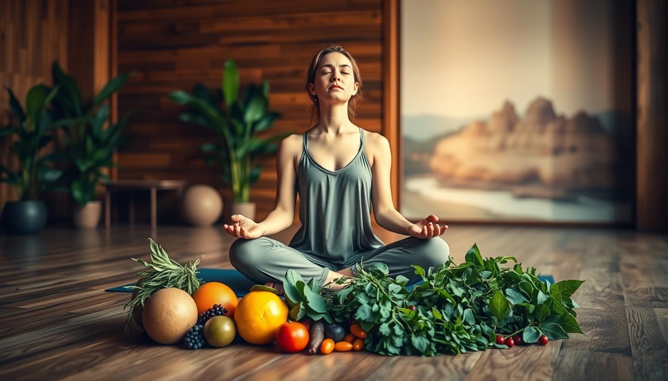 A tranquil yoga studio with warm lighting, wooden floors, and lush plants. A woman in a flowing yoga outfit sits in a meditative pose, her eyes closed as she practices deep breathing techniques to alleviate stress. In the foreground, fresh fruits and herbs are arranged, symbolizing natural, nourishing ways to support fat loss. The background features serene, abstract landscapes, conveying a sense of peace and harmony. The scene radiates a vibrant, calming atmosphere to illustrate effective stress reduction techniques for natural fat burning.