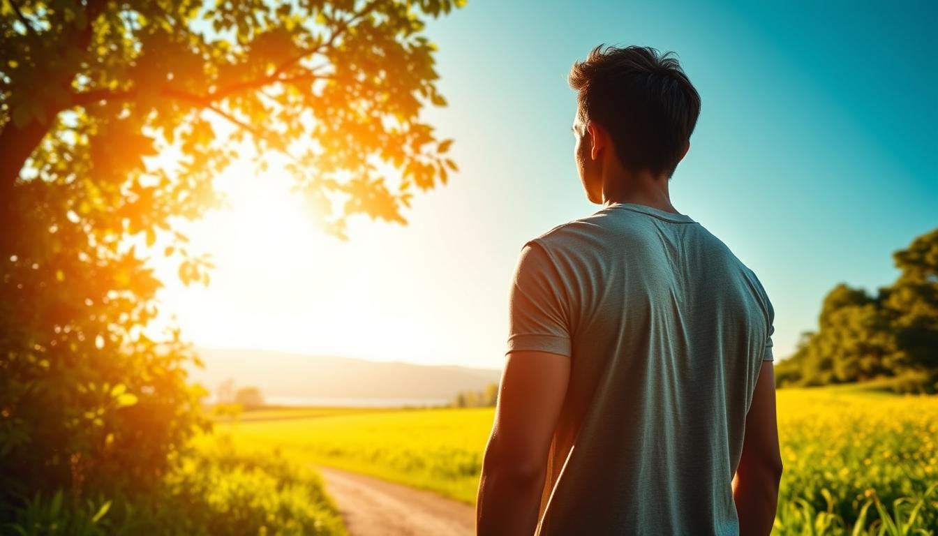 A transformative moment in a wellness journey, captured in a vibrant scene. In the foreground, a person stands tall, a look of determination on their face as they embark on a new path to health and wellbeing. The middle ground depicts a tangible symbol of their turning point, perhaps a fitness tracker or healthy meal, illuminated by warm, natural lighting. The background showcases an inspiring landscape, hinting at the expansive possibilities that await. Lush greenery, a serene body of water, or a sun-dappled meadow conveys a sense of renewed energy and vitality. The overall atmosphere exudes a palpable shift from stagnation to forward momentum, a pivotal juncture in the pursuit of personal transformation.
