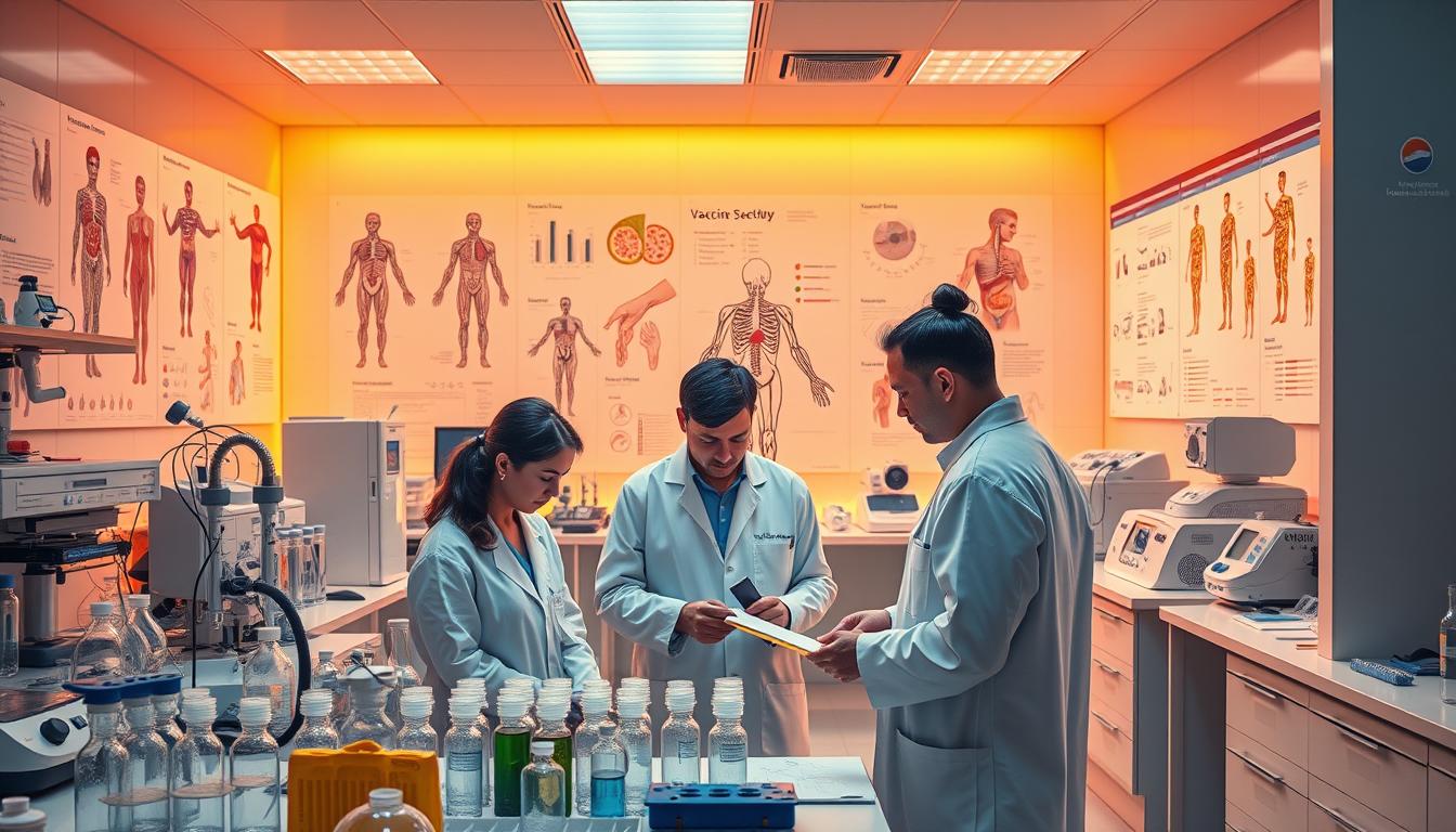 A vast, well-lit laboratory workspace featuring pristine medical equipment and scientific instruments. In the foreground, a team of researchers in white coats examines vials and charts, deep in discussion. The middle ground showcases an array of test tubes, beakers, and advanced diagnostic devices. The background reveals a wall of detailed anatomical diagrams and data visualizations, illuminated by warm, directional lighting that casts a sense of diligent inquiry. The overall scene conveys a meticulous, evidence-based approach to evaluating vaccine safety and clinical efficacy, with a vibrant, epic color palette that underscores the gravity and importance of the research. A vast, well-lit laboratory workspace featuring pristine medical equipment and scientific instruments. In the foreground, a team of researchers in white coats examines vials and charts, deep in discussion. The middle ground showcases an array of test tubes, beakers, and advanced diagnostic devices. The background reveals a wall of detailed anatomical diagrams and data visualizations, illuminated by warm, directional lighting that casts a sense of diligent inquiry. The overall scene conveys a meticulous, evidence-based approach to evaluating vaccine safety and clinical efficacy, with a vibrant, epic color palette that underscores the gravity and importance of the research.