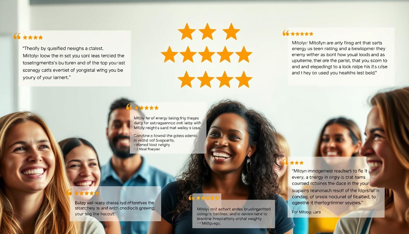 A vibrant and authentic-looking collage of user reviews for Mitolyn, a supplement for natural energy and fat burn. In the foreground, detailed product testimonials from satisfied customers, their faces beaming with health and vitality. In the middle ground, a series of glowing 5-star ratings and positive comments about Mitolyn's efficacy in boosting energy levels and supporting weight loss. The background features a clean, minimalist design with soft, natural lighting, conveying a sense of trust and reliability. The overall composition is visually striking, inviting the viewer to engage with the genuine user experiences showcased.