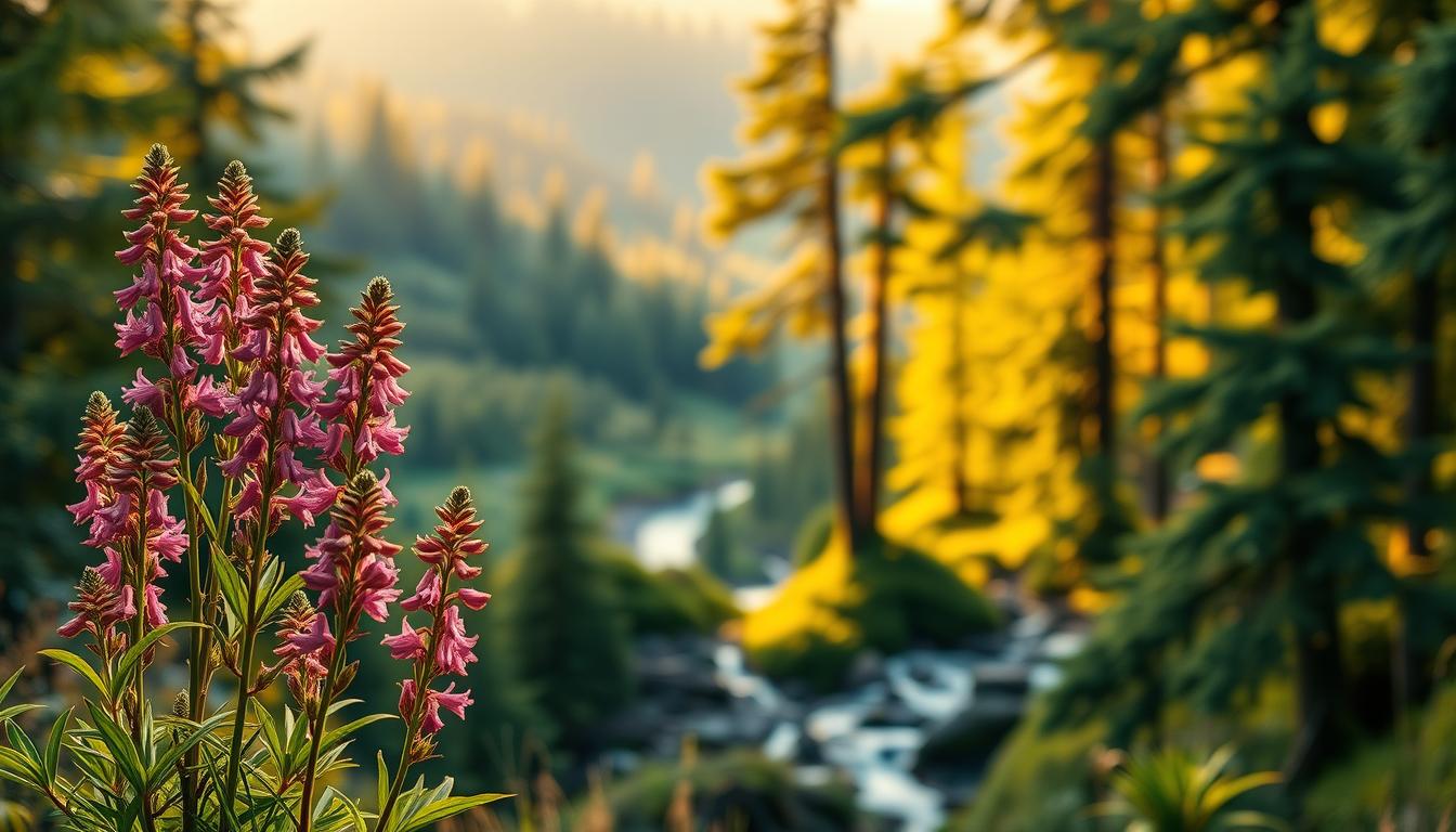 A vibrant and calming scene of rhodiola rosea plants, their lush green leaves and delicate pink flowers gently swaying in the warm, soft light. In the foreground, a cluster of the adaptogenic herbs stands tall, their stems strong and resilient. In the middle ground, a tranquil forest landscape unfolds, with towering evergreens and a serene stream meandering through. The background is bathed in a golden, diffused glow, creating a sense of peace and serenity. The overall impression is one of natural healing and stress-reduction, reflecting the powerful properties of this remarkable adaptogen.