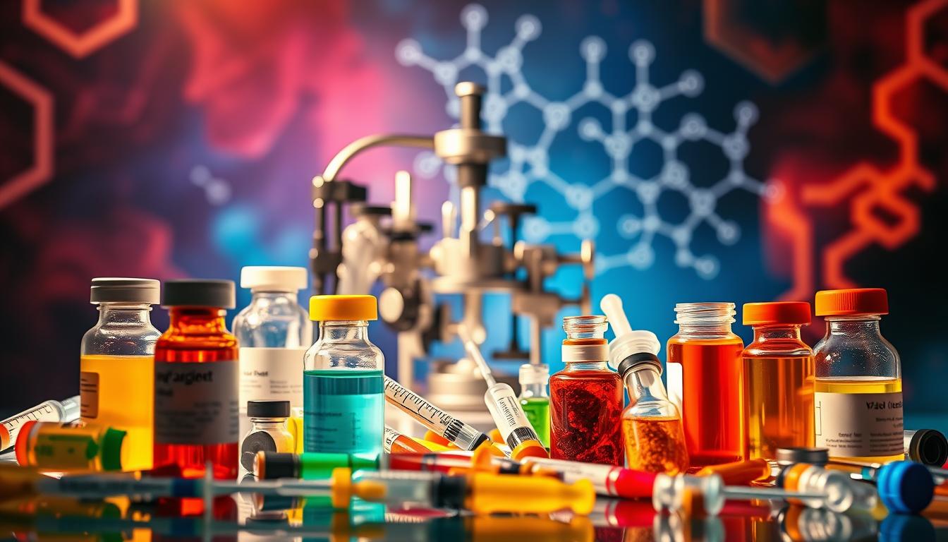 A vibrant and colorful display of vaccine ingredients, meticulously arranged against a dramatic, epic background. In the foreground, vials, syringes, and other medical paraphernalia are showcased in vivid detail, illuminated by a soft, directional light. The middle ground features a scientific-looking apparatus, its intricate components and mechanisms visible. In the distant background, a complex molecular structure or chemical diagram provides a sense of depth and technical complexity. The overall atmosphere is one of scientific curiosity and a desire to understand the intricate nature of vaccine composition.