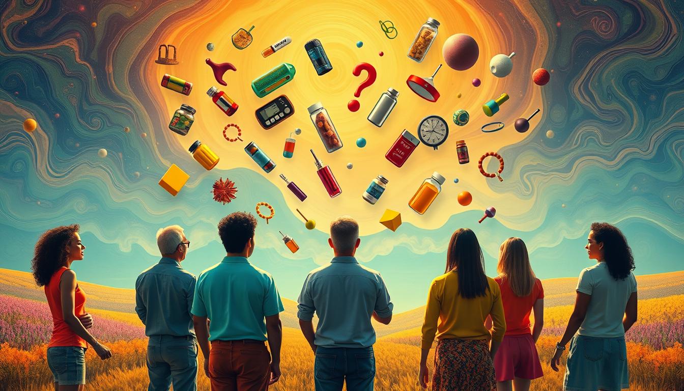 A vibrant and colorful epic visual depicting the common myths surrounding detoxification. In the foreground, a group of diverse individuals stand in a circle, faces obscured by question marks, symbolizing the confusion and misinformation around this topic. In the middle ground, various detox-related objects float and interact, including herbal supplements, juices, and gadgets, hinting at the misconceptions. The background depicts a surreal, dreamlike landscape with swirling patterns and abstract shapes, conveying the complexities of the detox process. The lighting is warm and inviting, creating an atmospheric and thought-provoking scene that challenges the viewer's preconceptions about detoxification. A vibrant and colorful epic visual depicting the common myths surrounding detoxification. In the foreground, a group of diverse individuals stand in a circle, faces obscured by question marks, symbolizing the confusion and misinformation around this topic. In the middle ground, various detox-related objects float and interact, including herbal supplements, juices, and gadgets, hinting at the misconceptions. The background depicts a surreal, dreamlike landscape with swirling patterns and abstract shapes, conveying the complexities of the detox process. The lighting is warm and inviting, creating an atmospheric and thought-provoking scene that challenges the viewer's preconceptions about detoxification.