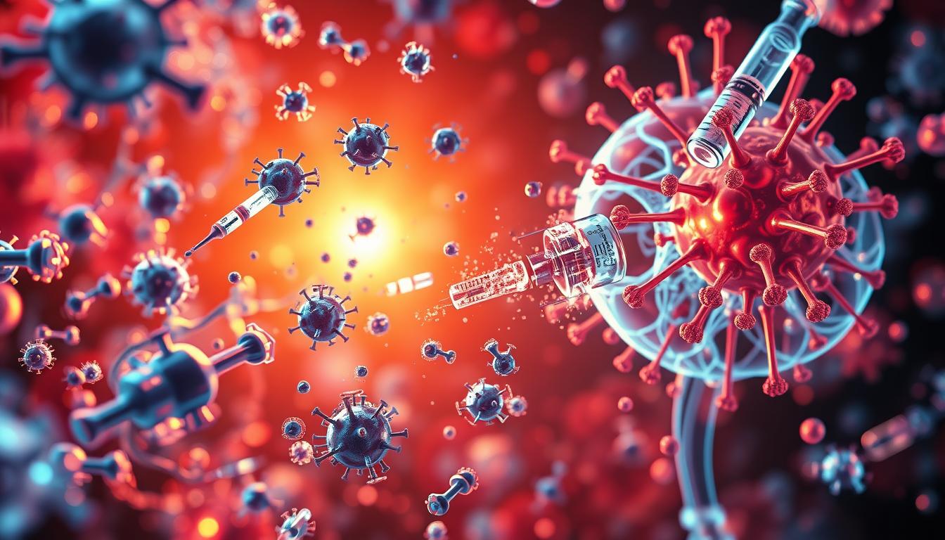 A vibrant and colorful illustration depicting the intricate immune response triggered by a vaccine. In the foreground, glowing white blood cells and antibodies swarm to neutralize the vaccine components, their movements captured in a dynamic, epic composition. In the middle ground, the lymphatic system and lymph nodes work in tandem, processing the vaccine antigens and orchestrating the broader immune reaction. The background features a dramatic, cinematic lighting, casting warm hues across the anatomy and conveying the importance of this vital biological process. The overall scene should exude a sense of power, precision, and the body's remarkable ability to protect itself.