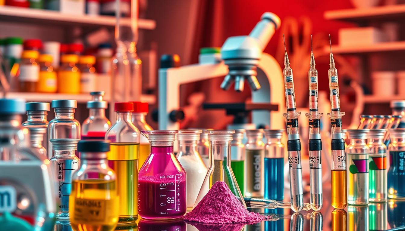 A vibrant and colorful laboratory setup, showcasing an array of medical vials, syringes, and scientific apparatus. In the foreground, glass beakers and test tubes filled with various liquids and powders, creating a visually captivating display of the complex ingredients that make up common vaccine formulations. The middle ground features a sleek, modern microscope and other analytical equipment, hinting at the scientific rigor and precision involved in understanding the role of these additives. The background is bathed in a warm, almost cinematic lighting, creating a sense of depth and atmosphere that elevates the scene to an epic scale, underscoring the importance and technicality of the subject matter.