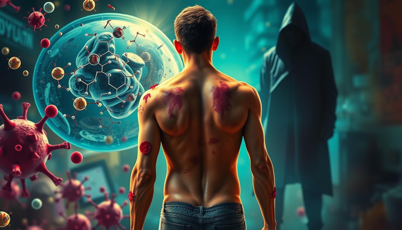 A vibrant and colorful scene depicting the potential side effects of hidden vaccine ingredients. In the foreground, a person's body is shown with various ailments and complications emerging, such as rashes, swelling, and neurological issues. The middle ground features a microscopic view of the hidden ingredients, their chemical structures and interactions within the body. In the background, a shadowy figure representing the pharmaceutical industry looms, symbolizing the obfuscation of information. Dramatic lighting casts an ominous atmosphere, highlighting the gravity of the situation. This epic visual metaphor conveys the unseen dangers and the need for greater transparency regarding vaccine composition and their impacts on human health.