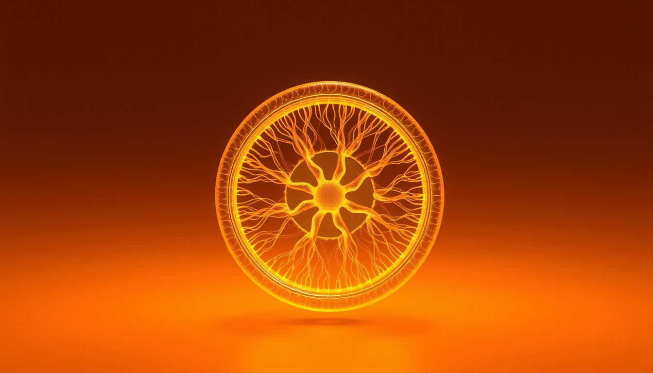 A vibrant and detailed 3D render of a healthy mitochondrion, the powerhouse of the cell. The organelle is depicted in the center of the frame, glowing with a warm, golden hue. The intricate inner membrane structures are clearly visible, with cristae protruding outwards in a dynamic, swirling pattern. The outer membrane is semi-transparent, allowing a glimpse of the active processes within. The background is a minimalist, soothing gradient that places the focus entirely on the mitochondrion's intricate form and function. Soft, directional lighting casts subtle shadows, enhancing the depth and dimensionality of the subject. The overall composition conveys a sense of energy, efficiency, and the essential role mitochondria play in cellular health and vitality.