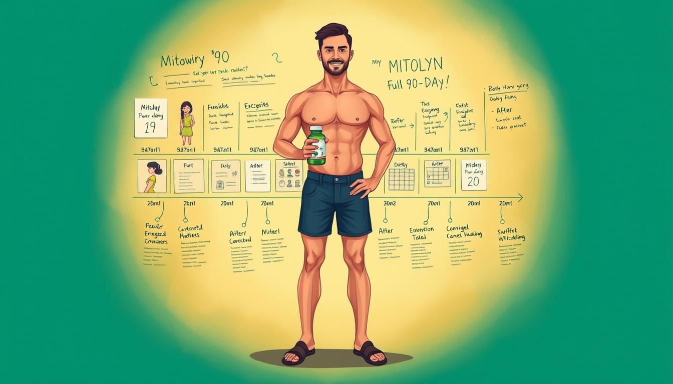 A vibrant and detailed illustration of a person's full 90-day experience with Mitolyn. In the foreground, a person stands confidently, their body visibly transformed - toned, energized, and radiating health. They hold a bottle of Mitolyn, a key element of their journey. The middle ground features a timeline of their progress, with visual cues like before and after shots, progress charts, and notes. In the background, a warm, earthy color palette sets the mood, complemented by subtle, dynamic lighting that highlights the person's newfound vitality. The overall scene conveys a sense of accomplishment, empowerment, and the transformative power of Mitolyn's impact on mitochondrial health and fat loss. A vibrant and detailed illustration of a person's full 90-day experience with Mitolyn. In the foreground, a person stands confidently, their body visibly transformed - toned, energized, and radiating health. They hold a bottle of Mitolyn, a key element of their journey. The middle ground features a timeline of their progress, with visual cues like before and after shots, progress charts, and notes. In the background, a warm, earthy color palette sets the mood, complemented by subtle, dynamic lighting that highlights the person's newfound vitality. The overall scene conveys a sense of accomplishment, empowerment, and the transformative power of Mitolyn's impact on mitochondrial health and fat loss.