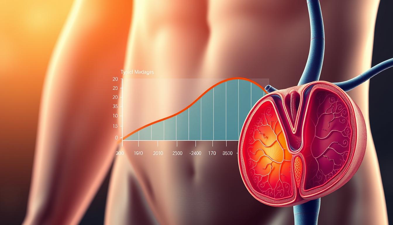 A vibrant and detailed illustration of testosterone levels in middle-aged men. The foreground depicts a cross-section of the male reproductive system, showcasing the testes and highlighting the intricate processes that regulate testosterone production. The middle ground features a stylized graph or chart visualizing the typical testosterone curve over time, with the middle-aged range clearly marked. The background has a soft, warm lighting that conveys a sense of health and vitality, complementing the scientific theme. The overall composition strikes a balance between anatomical precision and an intuitive, visually engaging presentation of this important aspect of men's health.