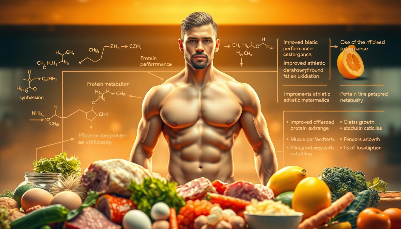 A vibrant and detailed illustration of the benefits of protein metabolism. In the foreground, a muscular human figure surrounded by an array of nutrient-rich foods like lean meats, eggs, and vegetables. In the middle ground, a series of molecular diagrams and chemical equations demonstrating the cellular processes of protein synthesis, breakdown, and utilization. In the background, a warm, golden-hued scene depicting the improved athletic performance, muscle growth, and fat oxidation enabled by efficient protein metabolism. Illuminated by soft, diffused lighting to convey a sense of health and vitality.
