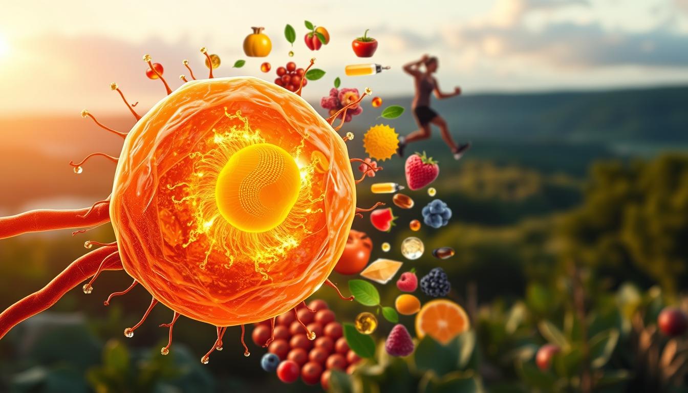 A vibrant and detailed image of detoxification for mitochondrial health. In the foreground, a glowing, transparent human cell with a central mitochondrion pulsing with energy. Surrounding the cell, a swirl of antioxidants, vitamins, and phytonutrients, cleansing and rejuvenating the cellular environment. In the middle ground, a montage of healthy foods and lifestyle elements - leafy greens, berries, exercise, and restful sleep. In the background, a serene, natural landscape with lush greenery and a calming sky, evoking a sense of balance and wellness. The lighting is warm and focused, accentuating the dynamic interplay between the cellular, nutritional, and environmental factors that support mitochondrial health.