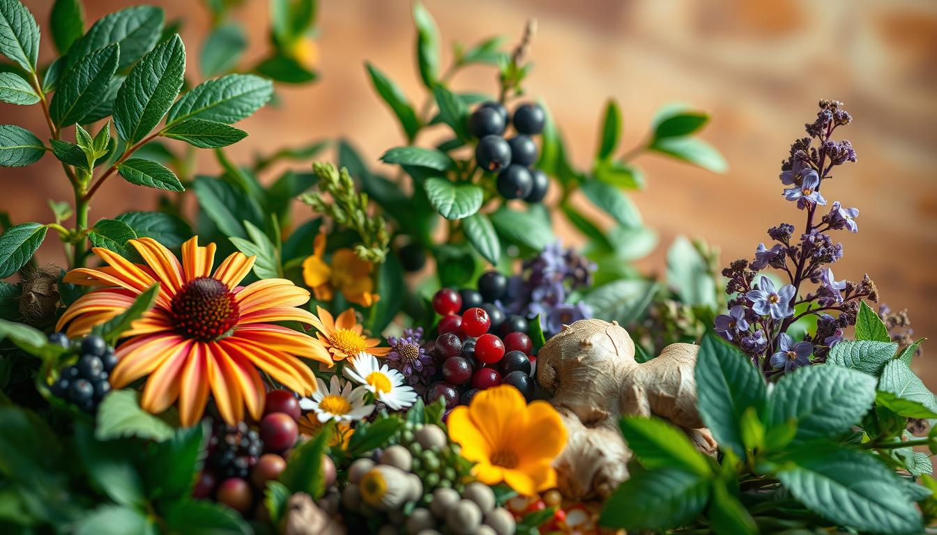 A vibrant and dynamic composition showcasing a selection of herbs for immune support. In the foreground, a curated array of lush, verdant leaves and fragrant flowers, including echinacea, elderberry, and ginger, artfully arranged with a sense of natural movement. In the middle ground, soft light illuminates the intricate textures and rich hues of the herbs, creating a sense of depth and dimension. The background features a blurred, ethereal backdrop of warm, earthy tones, evoking a serene and calming atmosphere. The overall image conveys a sense of balance, vitality, and the inherent power of nature's remedies for immune health.