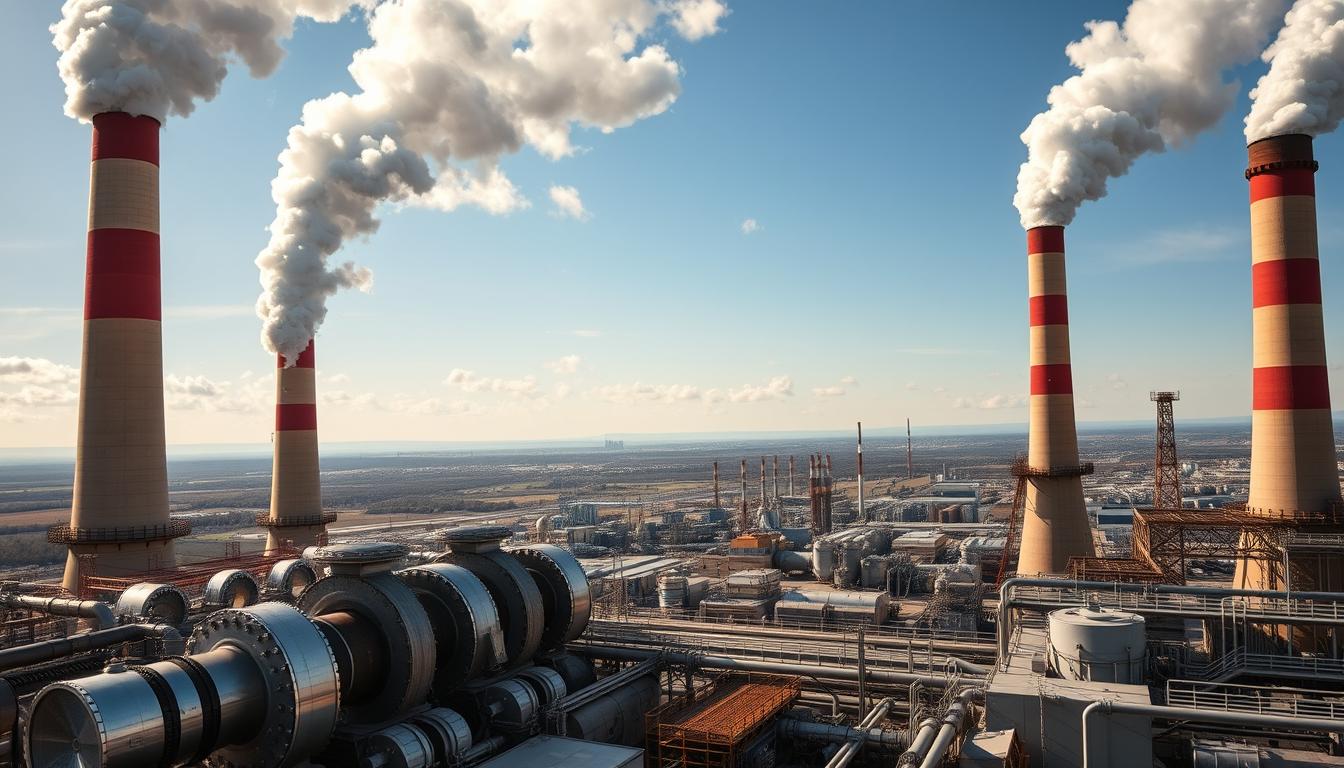 A vibrant and dynamic power plant, with towering smokestacks belching billowing plumes of steam against a clear sky. In the foreground, a series of gleaming turbines and generators hum with raw energy, their intricate machinery a testament to human ingenuity. The middle ground features a network of pipes, wires, and control panels, all working in harmony to channel this power. In the background, a sprawling industrial landscape unfolds, peppered with other industrial structures, conveying a sense of large-scale, efficient energy production. The overall scene is imbued with a sense of technological prowess and the relentless drive to harness natural resources for the benefit of humanity. A vibrant and dynamic power plant, with towering smokestacks belching billowing plumes of steam against a clear sky. In the foreground, a series of gleaming turbines and generators hum with raw energy, their intricate machinery a testament to human ingenuity. The middle ground features a network of pipes, wires, and control panels, all working in harmony to channel this power. In the background, a sprawling industrial landscape unfolds, peppered with other industrial structures, conveying a sense of large-scale, efficient energy production. The overall scene is imbued with a sense of technological prowess and the relentless drive to harness natural resources for the benefit of humanity.
