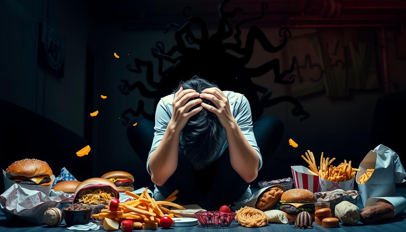 A vibrant and dynamic scene depicting the connection between stress and weight gain. In the foreground, a person sits hunched over, hands gripping their head, surrounded by a swirling vortex of unhealthy food items - burgers, fries, sweets. The middle ground features a shadowy figure of stress, looming and oppressive, its tendrils wrapping around the person. In the background, a dimly lit environment with muted colors, conveying a sense of overwhelm and emotional turmoil. Dramatic lighting casts dramatic shadows, heightening the sense of tension and anxiety. The overall mood is one of unease and the struggle to find balance amidst the pressures of stress and emotional eating.