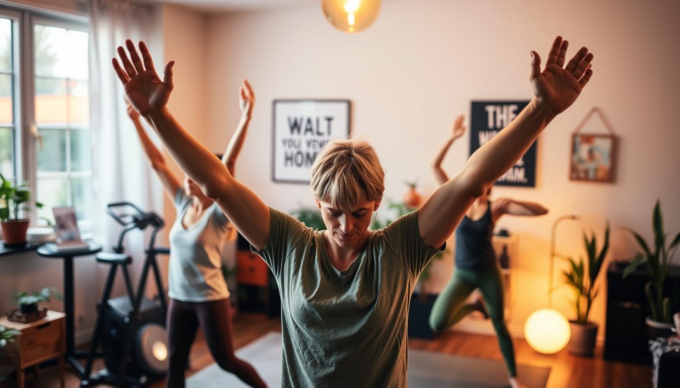 A vibrant and dynamic scene depicting various "active breaks strategies" for a healthier lifestyle. In the foreground, a person is stretching their arms overhead, exuding energy and focus. In the middle ground, another individual is doing gentle yoga poses, finding balance and calm. The background features a well-equipped home workout space, with exercise equipment and motivational wall art. Warm lighting illuminates the scene, creating a welcoming and uplifting atmosphere. Subtle, nature-inspired accents, such as potted plants, add a sense of vitality and freshness. The overall composition encourages the viewer to engage in mindful movement and embrace the benefits of regular activity, even within a tight schedule. A vibrant and dynamic scene depicting various "active breaks strategies" for a healthier lifestyle. In the foreground, a person is stretching their arms overhead, exuding energy and focus. In the middle ground, another individual is doing gentle yoga poses, finding balance and calm. The background features a well-equipped home workout space, with exercise equipment and motivational wall art. Warm lighting illuminates the scene, creating a welcoming and uplifting atmosphere. Subtle, nature-inspired accents, such as potted plants, add a sense of vitality and freshness. The overall composition encourages the viewer to engage in mindful movement and embrace the benefits of regular activity, even within a tight schedule.