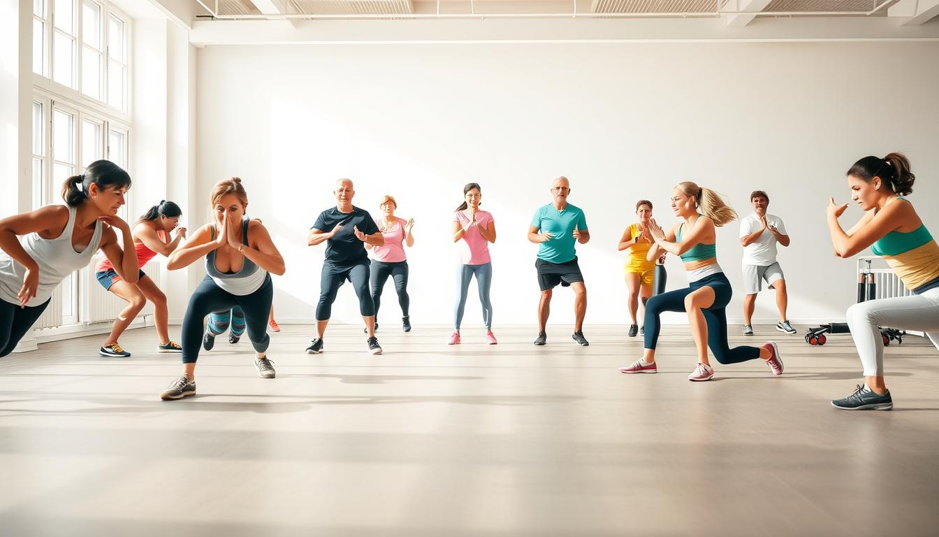 A vibrant and dynamic scene depicting various exercise modifications for all fitness levels. In the foreground, a group of people performing low-impact versions of common exercises, such as modified push-ups, squats, and lunges. The middle ground showcases individuals at varying stages of ability, each adapting the movements to their own needs. The background is a bright, open space with natural lighting, creating an energetic and uplifting atmosphere. The overall composition emphasizes the inclusive and accessible nature of the exercises, encouraging individuals of all skill levels to engage in a healthy and rewarding workout routine.