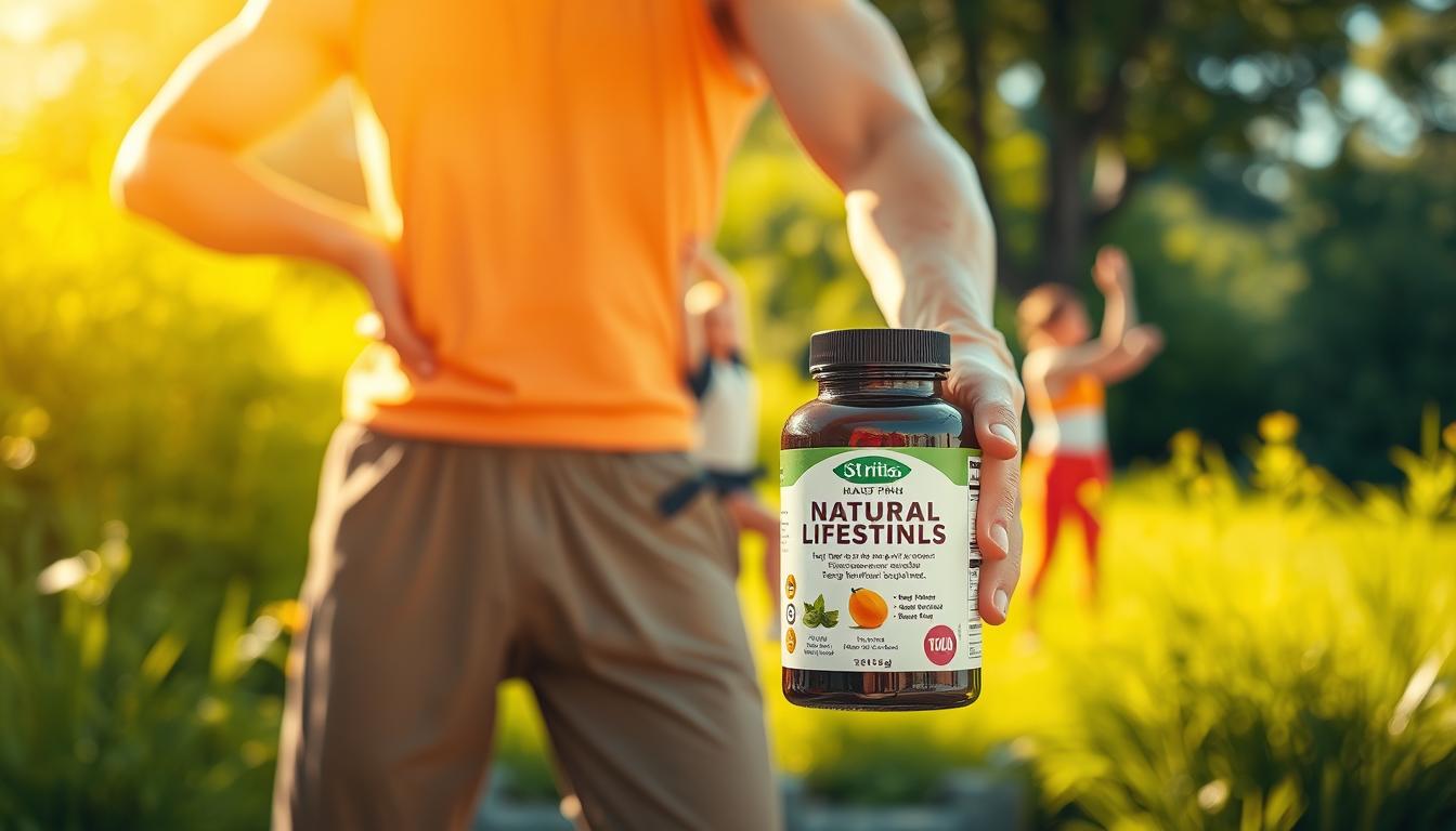 A vibrant and dynamic scene of a person engaging in a healthy lifestyle routine. In the foreground, a person stands against a bright, natural backdrop, confidently holding a bottle of natural supplements. In the middle ground, the person performs a series of stretches and exercises, embodying the fusion of diet, exercise, and supplementation. The background depicts a lush, verdant environment, hinting at the holistic approach to wellness. Warm, directional lighting illuminates the scene, creating a sense of energy and vitality. The composition emphasizes the harmony between the physical, nutritional, and supplemental elements of a balanced lifestyle, inspiring the viewer to embrace a similar path to optimum health and wellness.