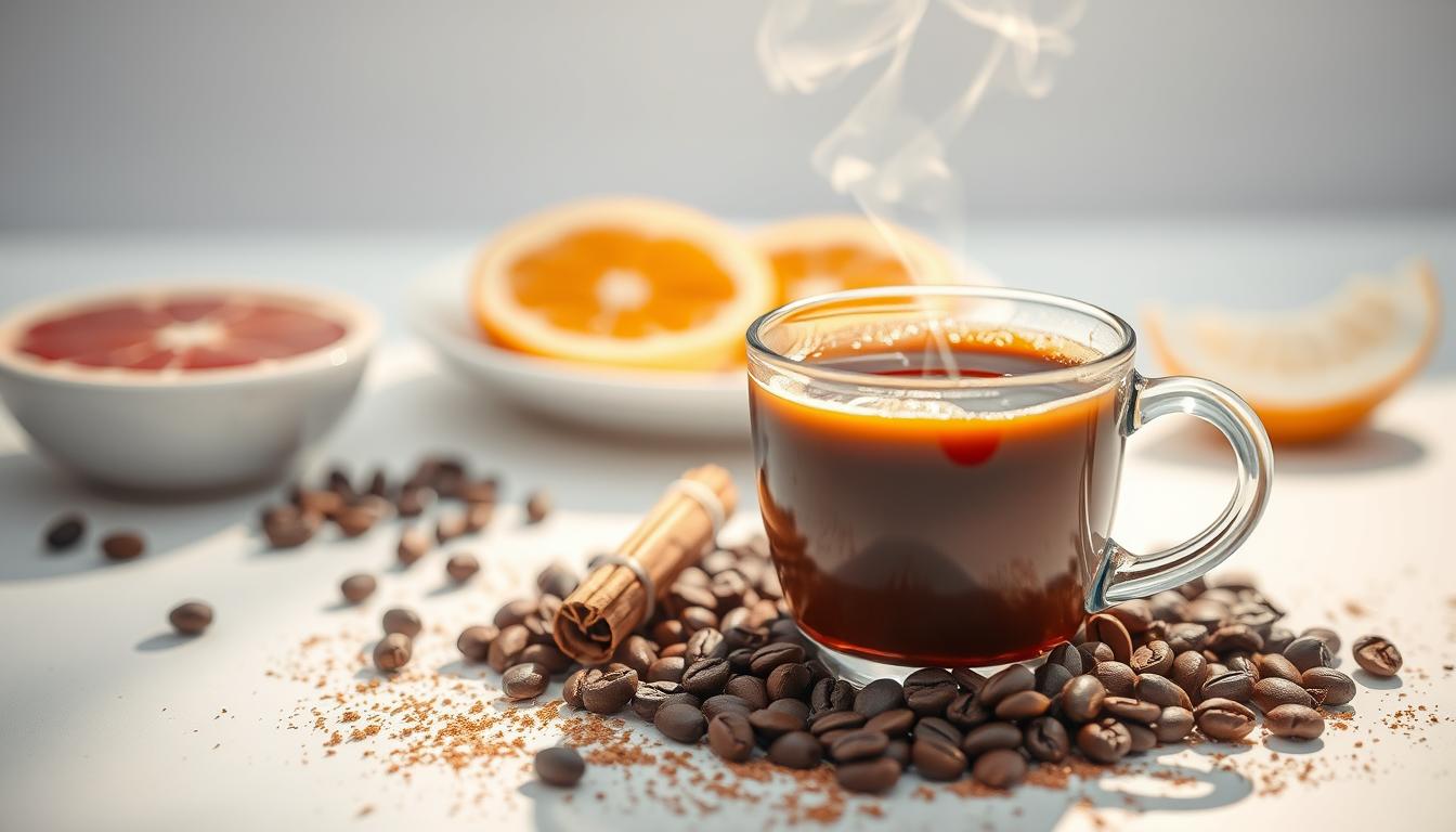 A vibrant and energetic image of a steaming hot cup of coffee, its rich brown hue accentuated by the warm glow of natural lighting. In the foreground, a sprinkling of cinnamon and a few coffee beans add depth and texture, hinting at the aromatic and flavorful qualities of the beverage. The middle ground features a plate of fresh fruit, such as sliced oranges and grapefruit, symbolizing the natural fat-burning properties of coffee. In the background, a serene, minimalist setting with clean lines and a white backdrop, allowing the focus to remain on the captivating coffee scene. The overall mood is one of vitality, health, and the invigorating power of a morning cup of coffee.