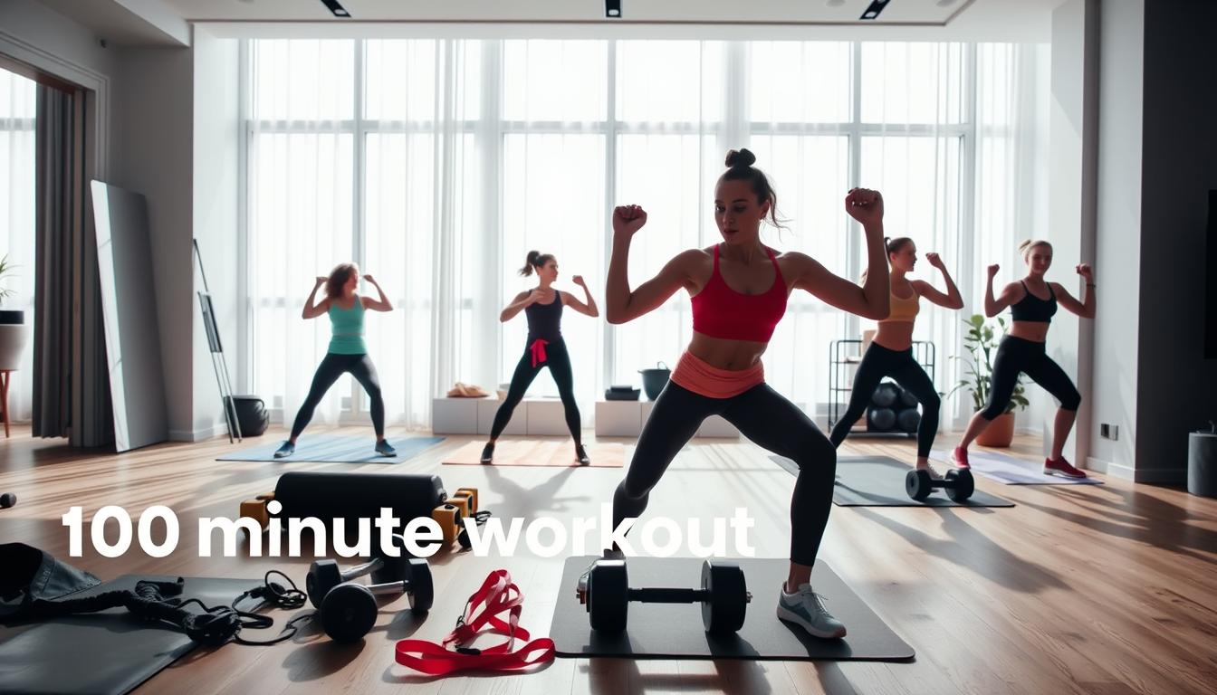 A vibrant and energetic scene of a person engaging in a 10-minute workout routine. In the foreground, a fit individual performing a series of dynamic exercises, their movements flowing with purposeful intensity. The middle ground showcases various exercise equipment, including a yoga mat, resistance bands, and dumbbells, hinting at the versatility of these quick workouts. The background features a modern, minimalist home gym setting, with clean lines and natural lighting cascading through large windows, creating an airy and motivating atmosphere. The overall composition conveys a sense of focused determination, efficiency, and the accessible nature of these quick, effective routines for weight loss.