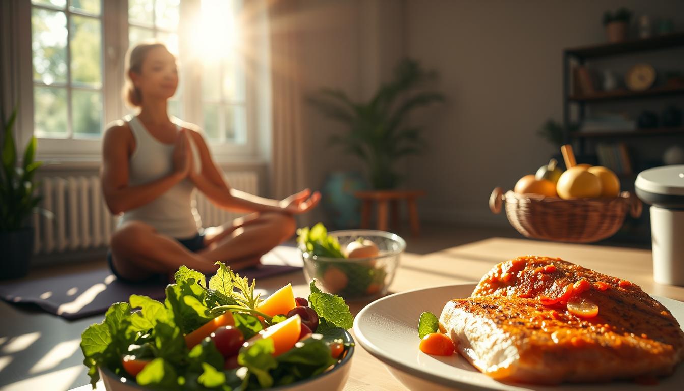 A vibrant and harmonious scene depicting lifestyle habits that enhance mitochondrial health. In the foreground, a person practices restorative yoga in a sunlit room, radiating calm and mindfulness. The middle ground showcases a healthy meal of whole foods, including leafy greens, colorful vegetables, and lean protein. In the background, a window offers a glimpse of lush greenery, symbolizing the importance of nature and outdoor activity. The lighting is warm and natural, captured through a wide-angle lens to convey a sense of balance and wholeness. The overall atmosphere is one of wellness, vitality, and a commitment to nurturing the body's energy-producing powerhouses - the mitochondria.