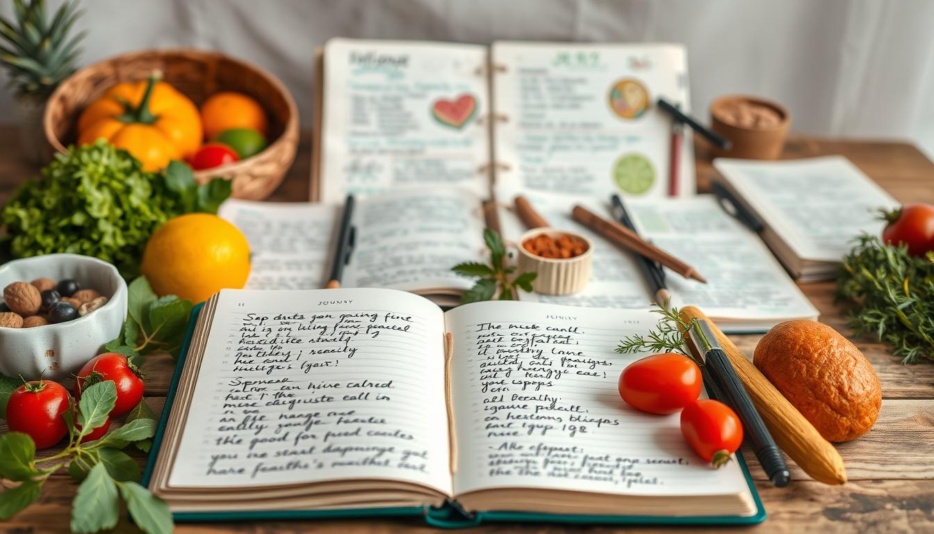A vibrant and inviting food and symptom journal, with neatly organized pages displaying a variety of wholesome ingredients, organized notes, and a calming, earthy color palette. In the foreground, an open journal showcases a carefully handwritten daily log, complemented by artfully arranged fresh produce, herbs, and spices. The middle ground features a variety of personalized journal pages, each highlighting different health-related observations and insights. The background subtly suggests a cozy, natural setting, with soft lighting and a sense of tranquility, emphasizing the importance of mindful self-care.