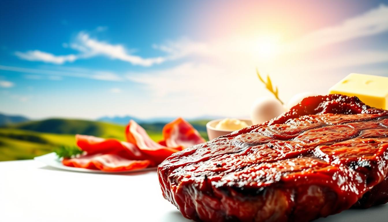 A vibrant and realistic illustration of the key benefits of the carnivore diet. In the foreground, a close-up of a juicy steak, glistening with savory goodness, set against a clean white background. In the middle ground, a selection of high-protein, nutrient-dense foods typical of the carnivore diet - succulent pork chops, crisp bacon, fresh eggs, and creamy butter. The background features a serene landscape with rolling hills and a clear blue sky, symbolizing the sense of renewed energy and vitality associated with this way of eating. Warm, natural lighting casts a soft, inviting glow over the entire scene, capturing the warmth and satisfaction of the carnivore lifestyle.