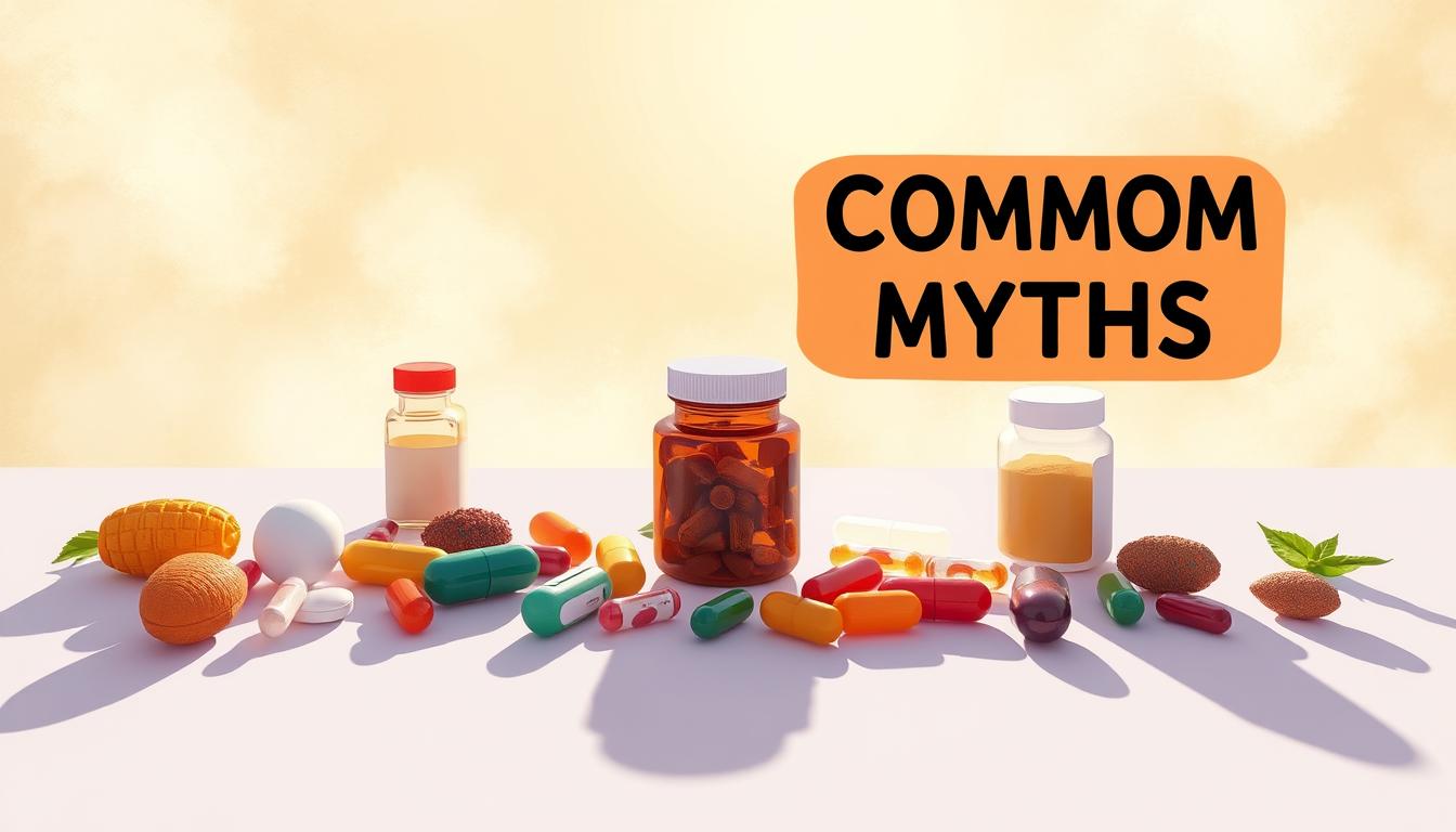 A vibrant and thought-provoking illustration showcasing common myths about natural supplements. In the foreground, an assortment of colorful, organic-looking supplements sits atop a clean, minimalist surface, casting long shadows that create a sense of depth. The middle ground features a hazy, ethereal backdrop with wisps of light and subtle textures, hinting at the complexities and misconceptions surrounding these natural products. The overall atmosphere is one of intrigue and discovery, inviting the viewer to explore the nuances and realities of natural supplements beyond the surface-level myths.