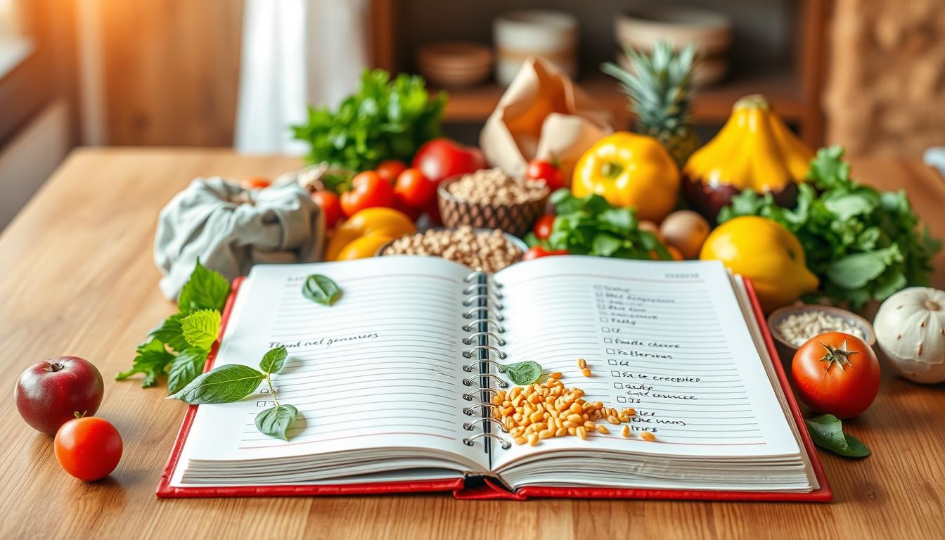 A vibrant and visually appealing food journal, opened on a wooden table, capturing the benefits of tracking daily meals and snacks. In the foreground, a variety of fresh, colorful ingredients - fruits, vegetables, grains, and healthy proteins - are neatly arranged, inspiring healthy eating. The middle ground features the open journal, its pages filled with hand-written notes and checkboxes, providing a sense of organization and progress. In the background, a warm, natural lighting casts a soft, inviting glow, creating a calm and reflective atmosphere, emphasizing the journal's role in achieving a balanced, sustainable lifestyle. A vibrant and visually appealing food journal, opened on a wooden table, capturing the benefits of tracking daily meals and snacks. In the foreground, a variety of fresh, colorful ingredients - fruits, vegetables, grains, and healthy proteins - are neatly arranged, inspiring healthy eating. The middle ground features the open journal, its pages filled with hand-written notes and checkboxes, providing a sense of organization and progress. In the background, a warm, natural lighting casts a soft, inviting glow, creating a calm and reflective atmosphere, emphasizing the journal's role in achieving a balanced, sustainable lifestyle.